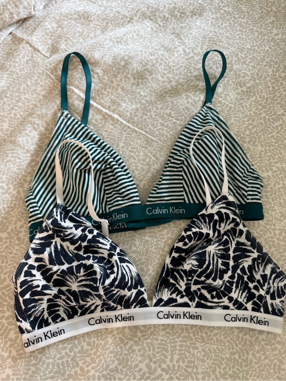 Pair of 2 Calvin Klein Striped Teal & Floral Black/White Bralette Duo